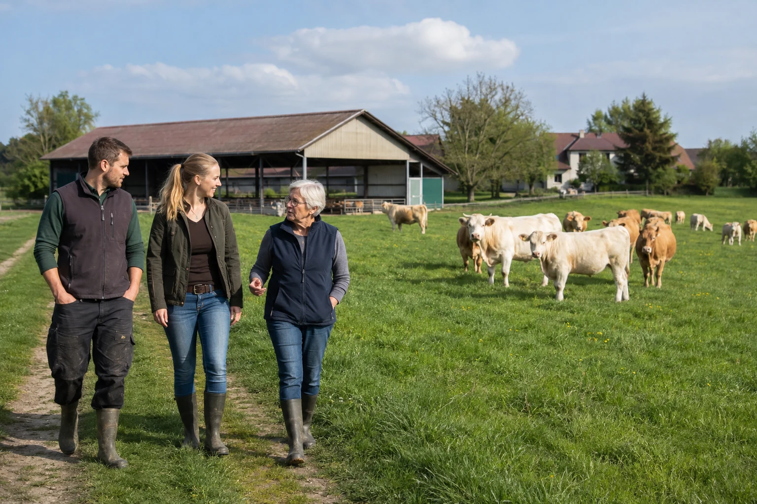 Kaufinteressenten besichtigen einen Fleischrinderbetrieb mit Weideflächen