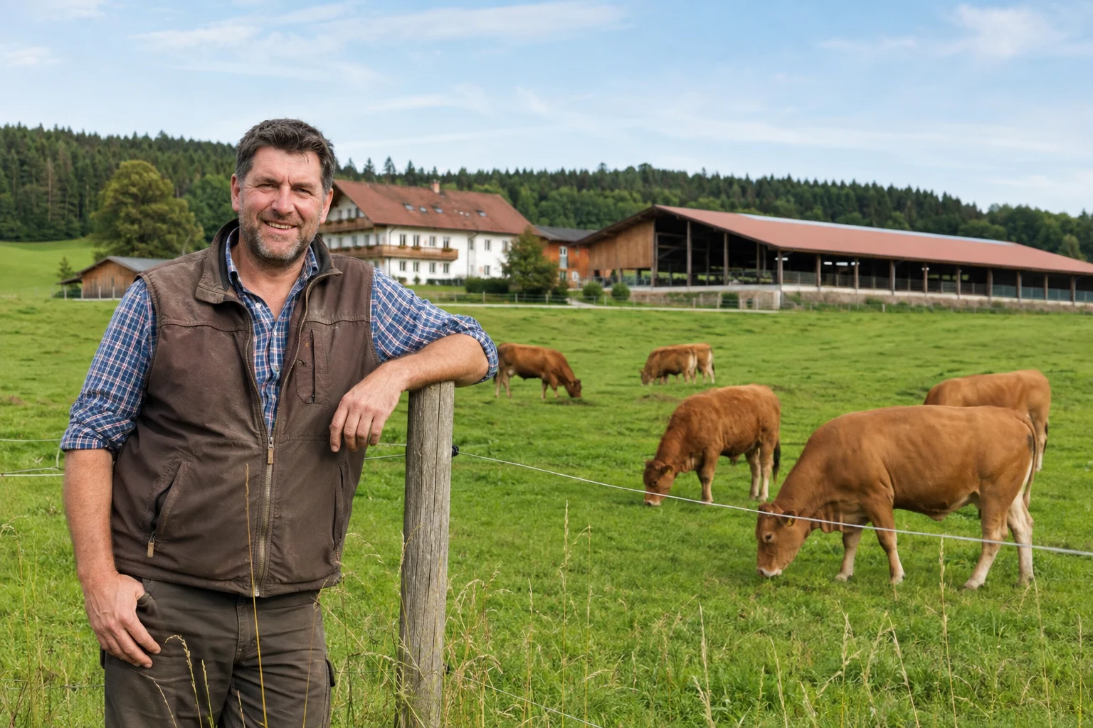 Eigentümer vor einem Fleischrinderbetrieb mit Weide, Rindern und Stallgebäuden